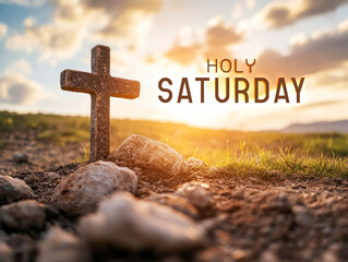 Beautiful Sunset with Cross Marking Holy Saturday in Peaceful Natural Setting