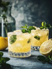 Fototapeta premium Two cocktails with gin, tonic water, slices of lemon and mint leaves for a refreshing summer drink.