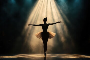 A silhouette of a ballet dancer in a tutu, performing under dramatic stage lighting, creating a...
