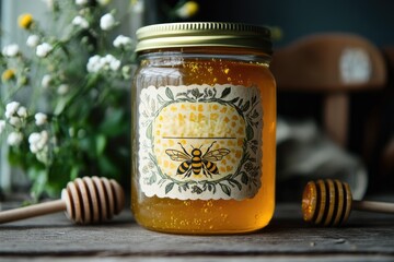 Honey jar with bee label, rustic setting, flowers, wooden honey dippers