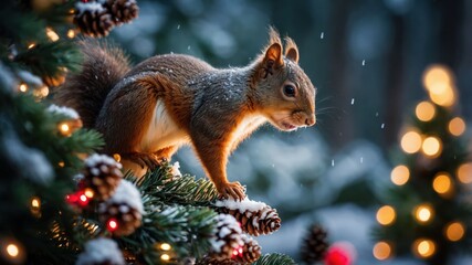 Obraz premium A squirrel perched on a snowy Christmas tree, surrounded by festive lights and pinecones.