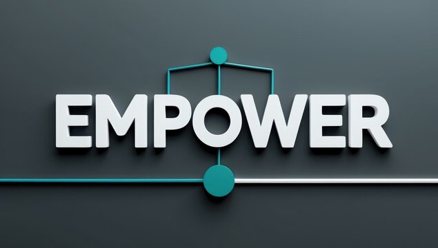 EMPOWER text title in center and plan design link base line framework in dark gray teal white colors