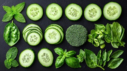 Flat lay of various green vegetables and herbs on dark background.