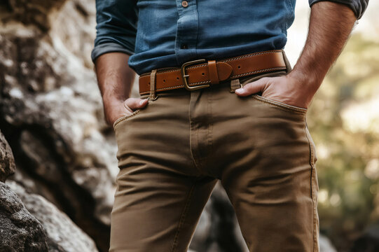 Close up of an explorer showcasing a stylish leather belt and watch, standing with hands casually tucked into his pockets