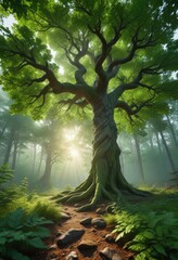 A sprawling tree with vibrant green leaves spreads its canopy above the forest floor, foliage, canopy