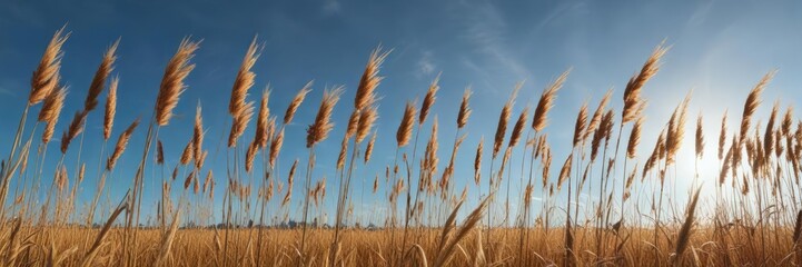 Obraz premium A dramatic reed field with tall stalks swaying in the wind, illuminated by a bright blue sky and vibrant autumn colors, wind, field of view, reeds