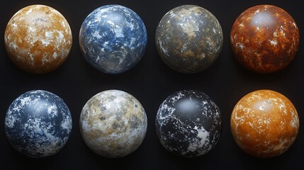 Eight textured spheres with diverse color patterns, arranged in a grid on a black background.