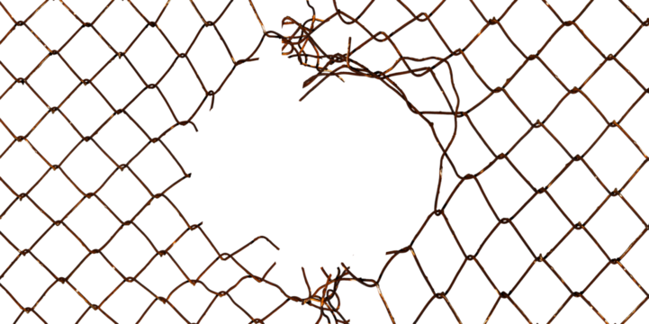 The texture of the metal mesh on a white background. Torn steel, metal mesh with holes