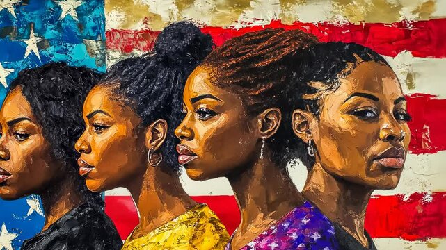 Young Black women portrayed flag.Artistic representation diversity America.Vivid colors enhance cultural expressions.figure uniquely adorned,symbolizing individuality.Art conveys
