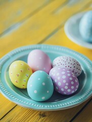 Obraz premium easter, holidays, tradition, advertisement and object concept - close up of colored easter eggs on plate over yellow wooden boards background
