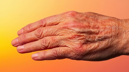 Fototapeta premium Skin Damaged Sun Concept, Aged Hand with Visible Wrinkles and Sunburn Highlighting Age Spots Against an Orange Gradient Background
