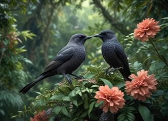 Fototapeta premium A stunning image of an Ashy Drongo perched on a floral arrangement amidst the foliage, botanical, outdoor scene