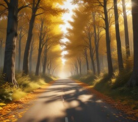 Obraz premium A sun-kissed road that winds its way through a forest of towering trees with leaves shimmering in shades of golden yellow and orange , summer, natural