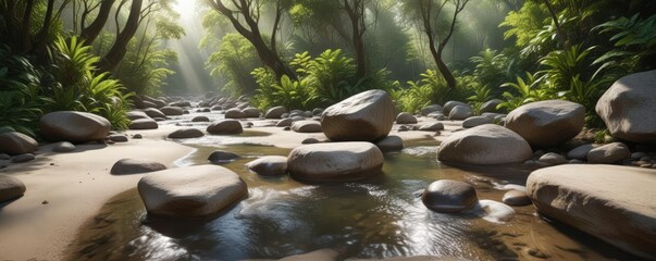 A sunlit white sand creek flowing over rounded rocks in a lush rainforest, nature, outdoor landscape, pebble beach