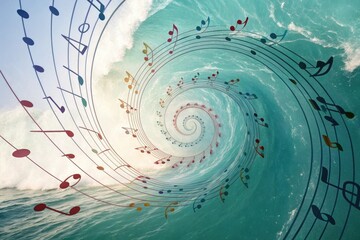 A swirling vortex of colorful music notes forming a mesmerizing spiral pattern on a gradient blue-green background, music notes, creative, artistic style, gradient, composition