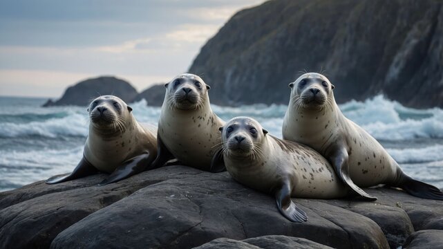 Four seals resting on rocks by the shore, with waves and cliffs in the background.
