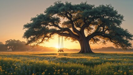 Naklejka premium Majestic oak tree with a swing at sunrise providing a serene and picturesque outdoor relaxation setting