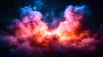 Colorful cloudscape at night, vibrant hues of red, pink, and blue against a starry sky.
