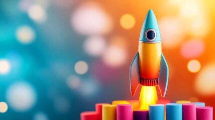 Colorful Rocket Launching Above Vibrant Cylinders Against a Blurred Background