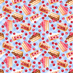 seamless pattern of pink and chocolate sweet pies with cherry and strawberry on blue checkered tablecloth.Texture for fabric, wrapping, wallpaper. Decorative print.