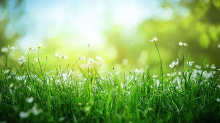Obraz premium Lush green meadow filled with delicate white flowers in a serene natural setting during a sunny day. Generative AI