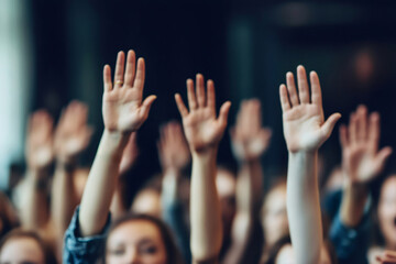 Citizens participating in a democratic process, raising hands to vote or ask questions during a public meeting