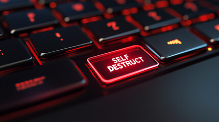 A laptop keyboard shot with a red button rectangle with the word self destruct on it.