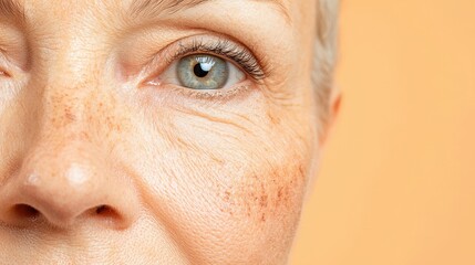 Skin Damaged Sun Concept, Close-Up Portrait of Aged Face with Visible Sunspots and Dry, Wrinkled Skin Against a Soft Orange Background