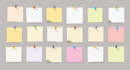 Set of vector realistic note papers with color pushpins and diffrent colors on transparent background.