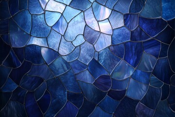Colorful stained glass artwork showcasing shades of blue with mother of pearl accents in intricate pattern