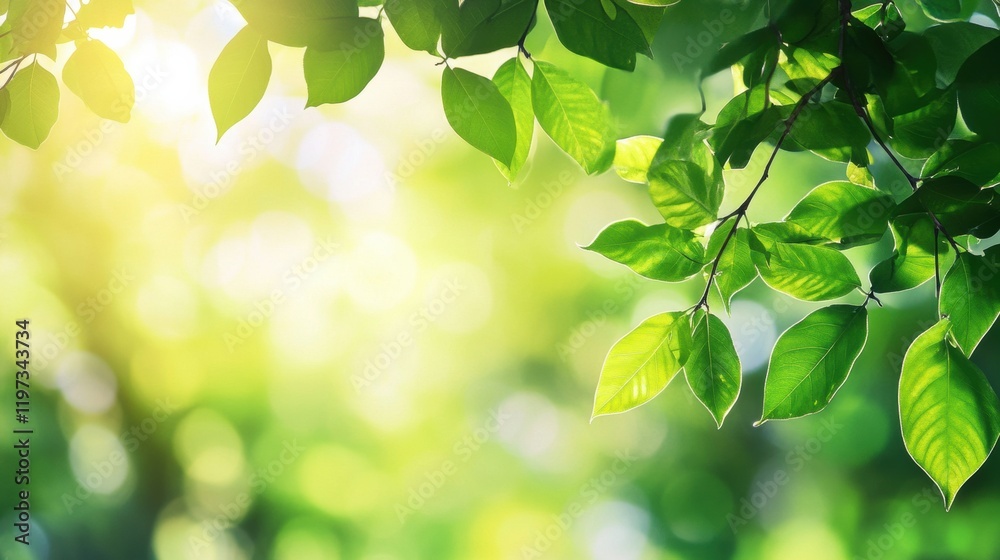 Poster bright green leaves create a tranquil atmosphere in a peaceful forest during daylight hours. generat