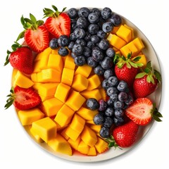 Obraz premium A refreshing fruit platter with sliced strawberries, blueberries, and raspberries