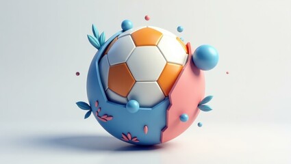 3D orange white soccer ball with blue and pink floral elements floating, creative sports design for digital art, marketing, or background, soft pastel colors, modern minimalistic style, bright atmosp