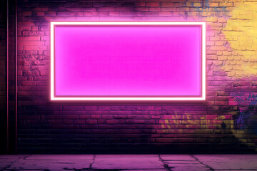 Naklejka premium Empty glowing rectangular frame with vibrant pink neon light illuminating a grungy brick wall, ideal for advertising and marketing