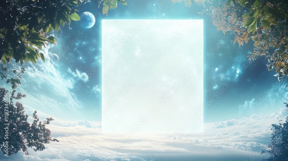 Poster Expansive ethereal landscape with empty mock up space for text amidst clouds and cosmic elements. Generative AI