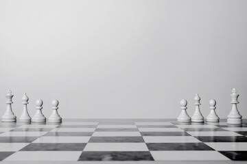 Fototapeta premium White chess pieces standing on a marble chessboard ready to start a new game with a white background