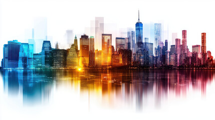 Fototapeta premium Futuristic city skyline with vibrant digital overlays reflecting on water