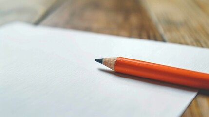 Blank sheet of paper and an orange pencil lying on a wooden surface creating a minimalist and organized workspace for writing brainstorming planning and boosting productivity