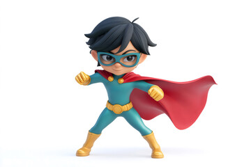 3d illustration of a brave superhero child wearing a cape and assuming a determined pose, ready for action