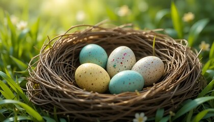Fototapeta premium Colorful Easter eggs nestled in a natural nest surrounded by grass and flowers on a sunny day