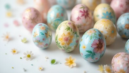 Fototapeta premium Декоративные пасхальные яйца пастельных тонов с цветочным узором