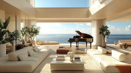 Luxurious beachfront living room with grand piano, ocean view, and modern furniture.