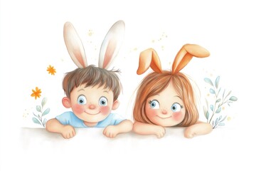 Two joyful children with bunny ears are peeking over a wall, surrounded by delicate floral accents, creating a cheerful and whimsical scene