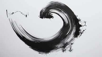 Abstract calligraphic swirl composition in black and white tones depicting fluid motion dynamic energy and expression through bold sweeping brushstrokes  The image showcases a unique modern
