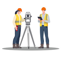 Two construction workers using theodolite for surveying on site. They wear safety helmets and vests, showcasing teamwork and precision in their work
