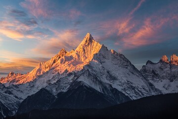 Majestic sunset view of Mt Everest with vibrant clouds and snow-capped peaks illuminating the...