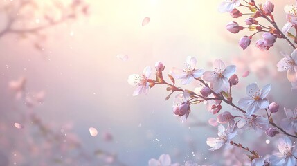 Fototapeta premium Delicate cherry blossom branches in full bloom against a soft pastel sky, gentle sunlight filtering through petals,