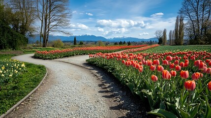 Obraz premium Spring Tulips Bloom Along Winding Path Mountain View