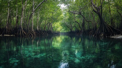 Fototapeta premium Serene Mangrove Canal Reflecting Lush Green Canopy
