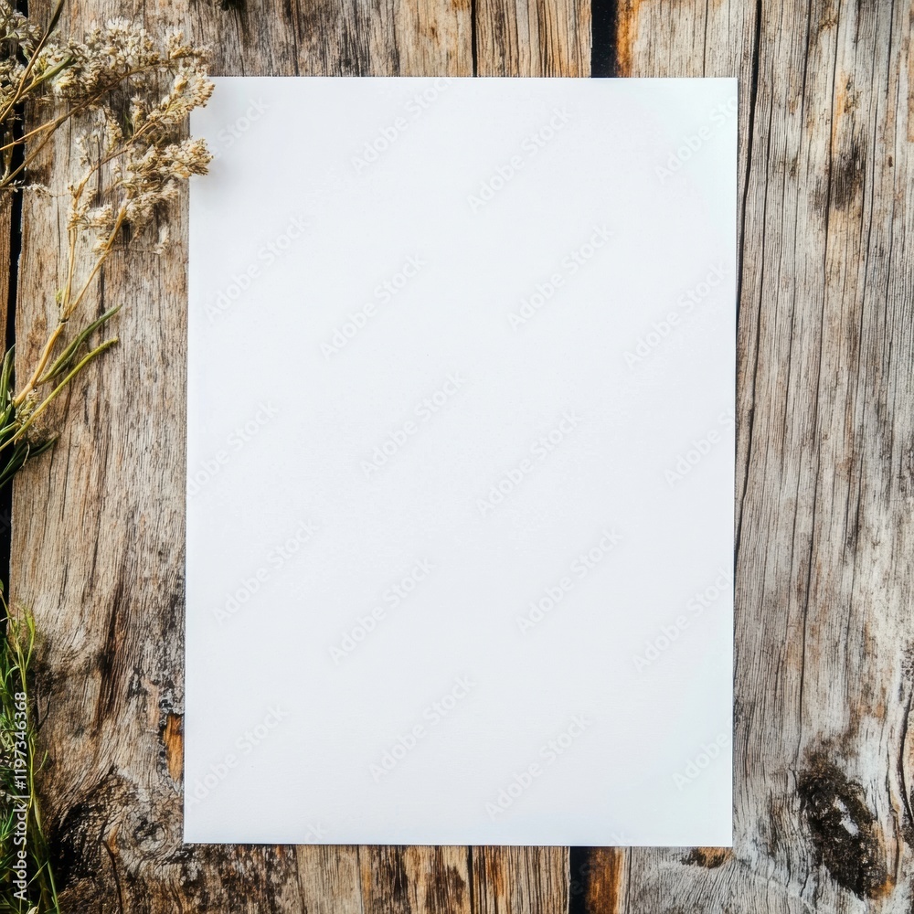 Poster blank white paper on rustic wooden background with dried flowers for creative design and mock up pur